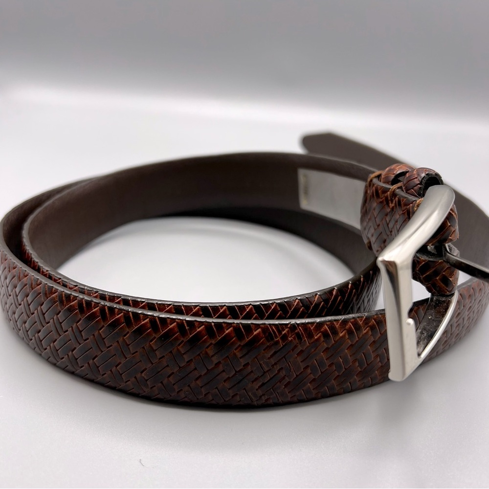 Brown Genuine Leather Weaved Textured Belt With Brush Nickel Buckle Size 46
